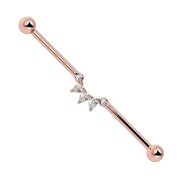 14k rose gold industrial barbell with CZ pear-cut arc cluster, front view on white background