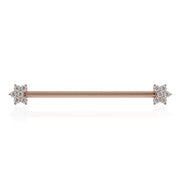14k rose gold industrial barbell with cubic zirconia flower ends, straight front view