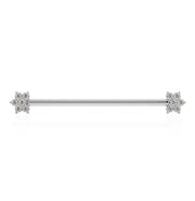 14k white gold diamond flower industrial piercing barbell, front view showing silver tone finish
