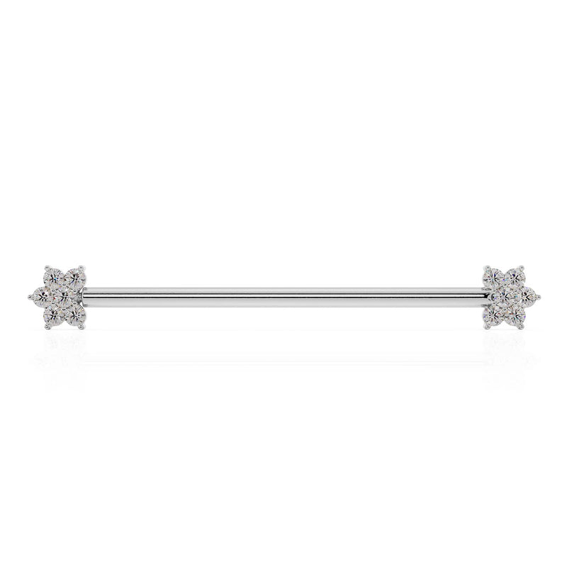 14k white gold diamond flower industrial piercing barbell, front view showing silver tone finish