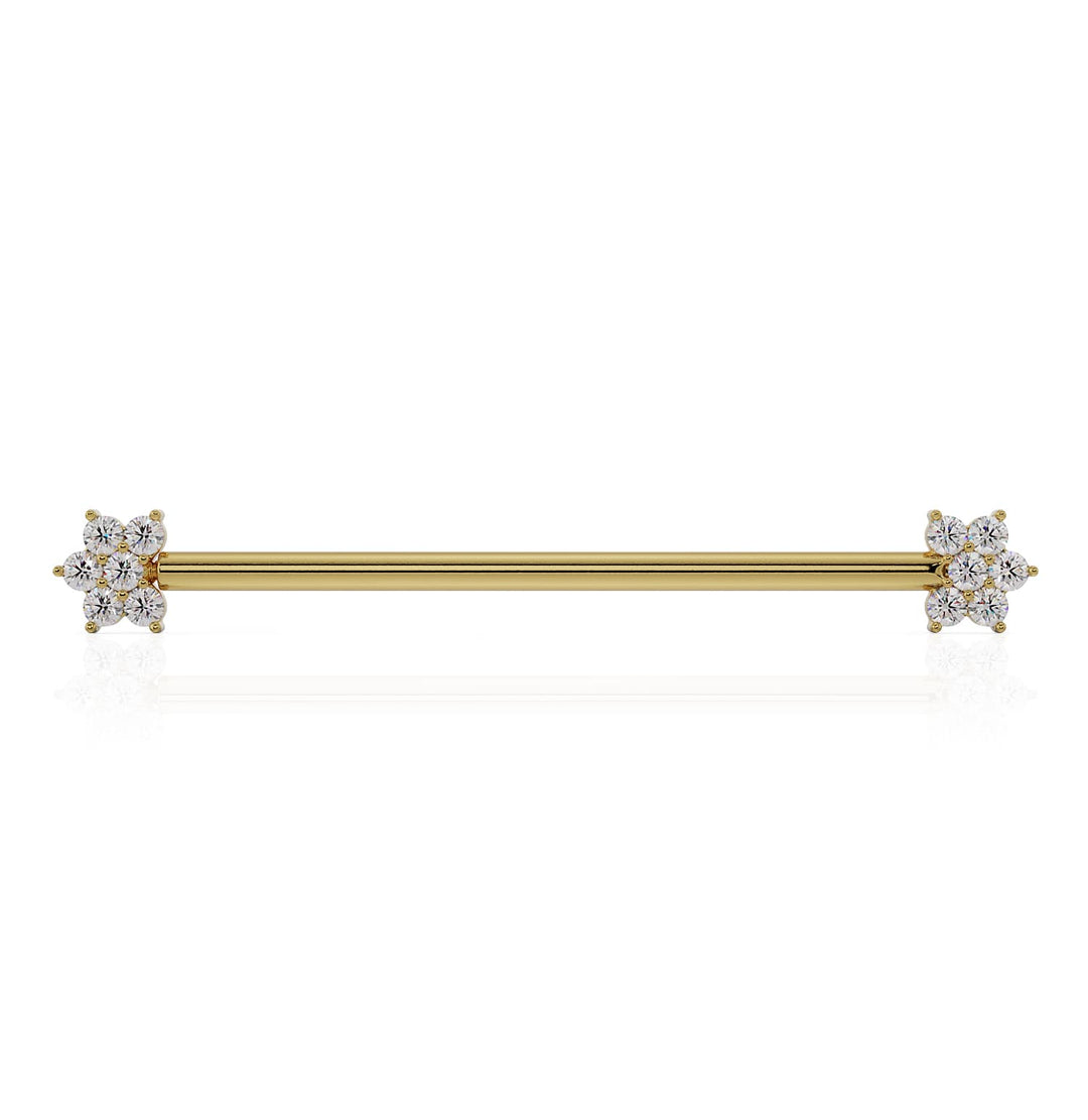 Cubic Zirconia Flower 14k Gold Industrial Piercing Barbell