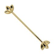 14k yellow gold lotus industrial barbell with rope-edged petal ends, front view
