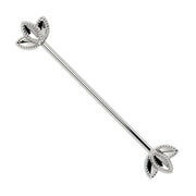 14k white gold lotus industrial barbell with polished rope-edged petal ends, front view