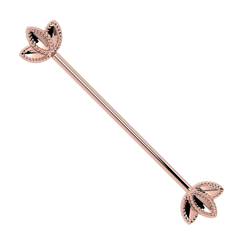 14k rose gold lotus industrial barbell with rope-edged petal ends, front view
