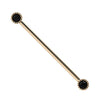 14k yellow gold industrial barbell with dual black diamonds in milgrain Perlage bezel settings, front view