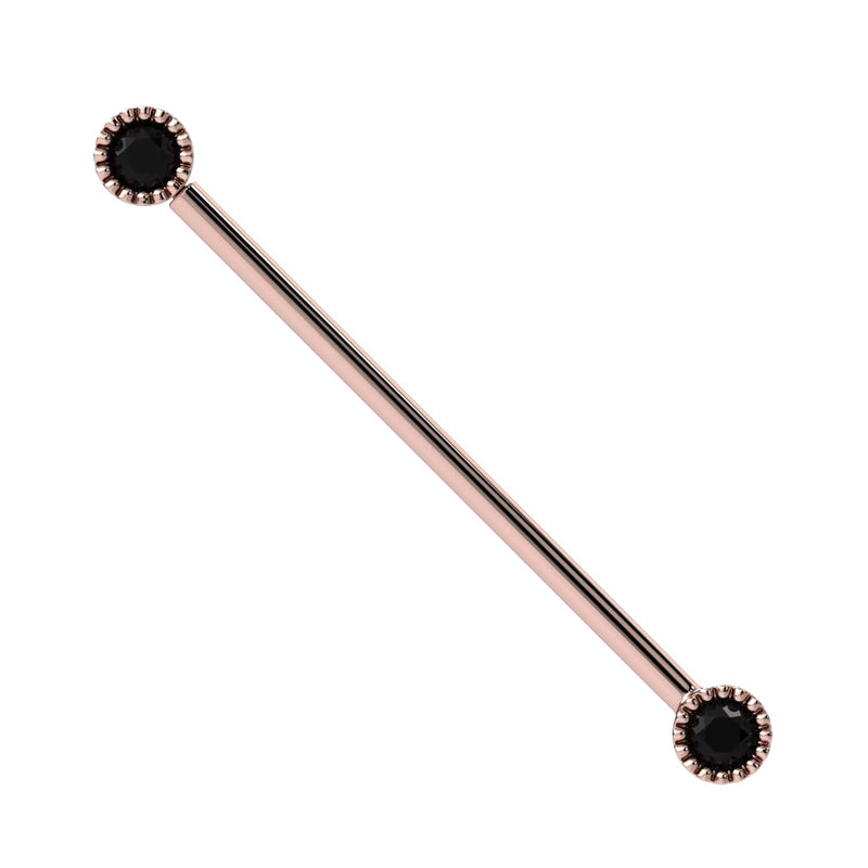 14k rose gold industrial barbell with two black diamonds in vintage-inspired milgrain bezel settings, front view