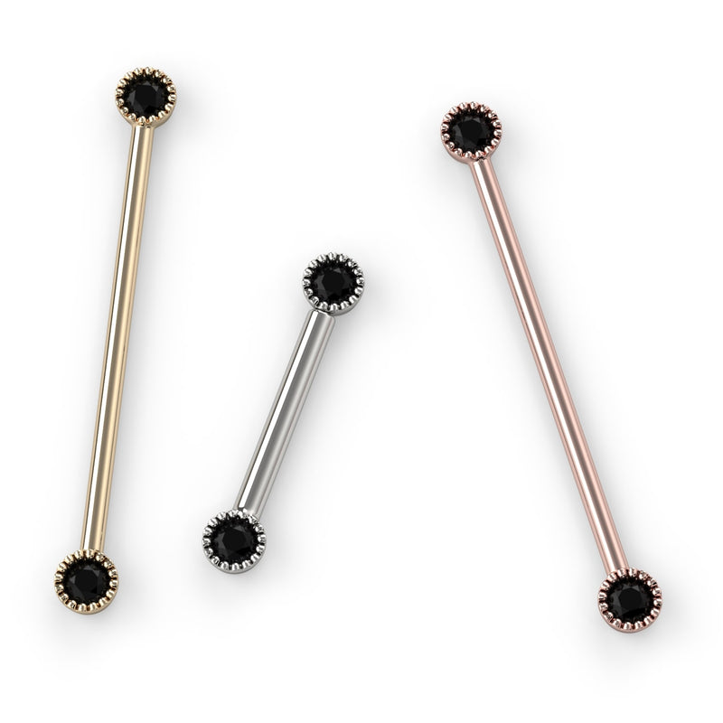 Black diamond Perlage industrial barbell shown in all three metal options: 14k yellow gold, white gold, and rose gold