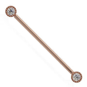 14k rose gold diamond industrial barbell with milgrain bezel ends and round conflict-free diamonds