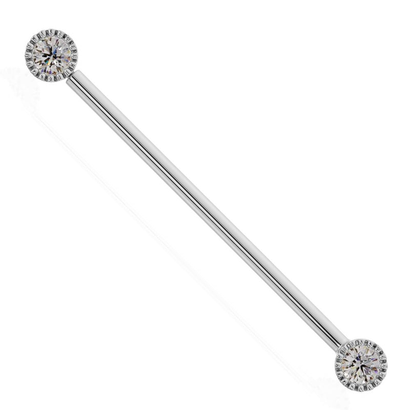 14k white gold diamond industrial barbell with perlage milgrain bezel settings, front view