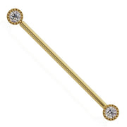 14k yellow gold diamond industrial barbell with milgrain bezel ends, full-length front view