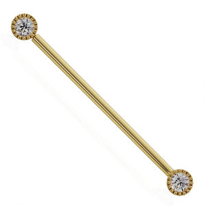 14k yellow gold diamond industrial barbell with milgrain bezel ends, full-length front view