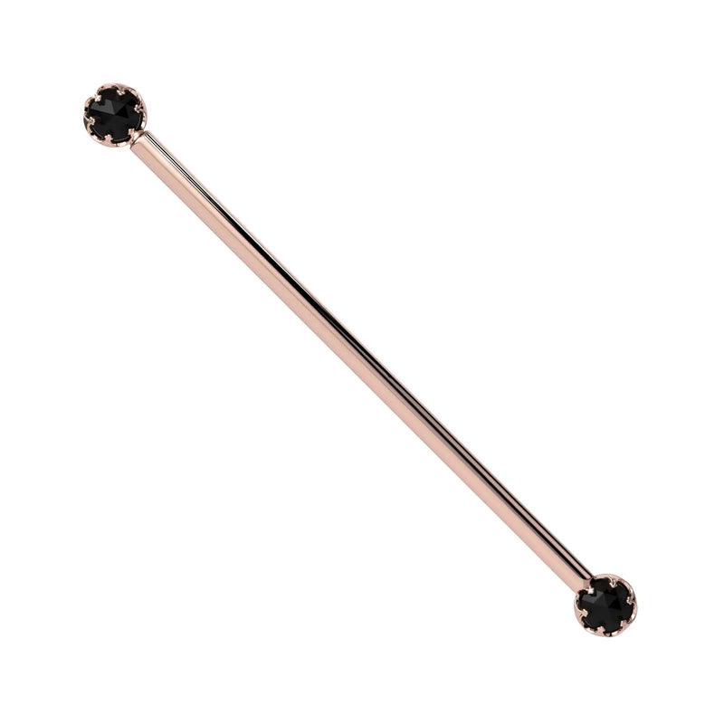 Reina Rose Cut Black Diamond Industrial Barbell in 14K Rose Gold with crown-set Rose Cut Black Diamond - for ear industrial piercings
