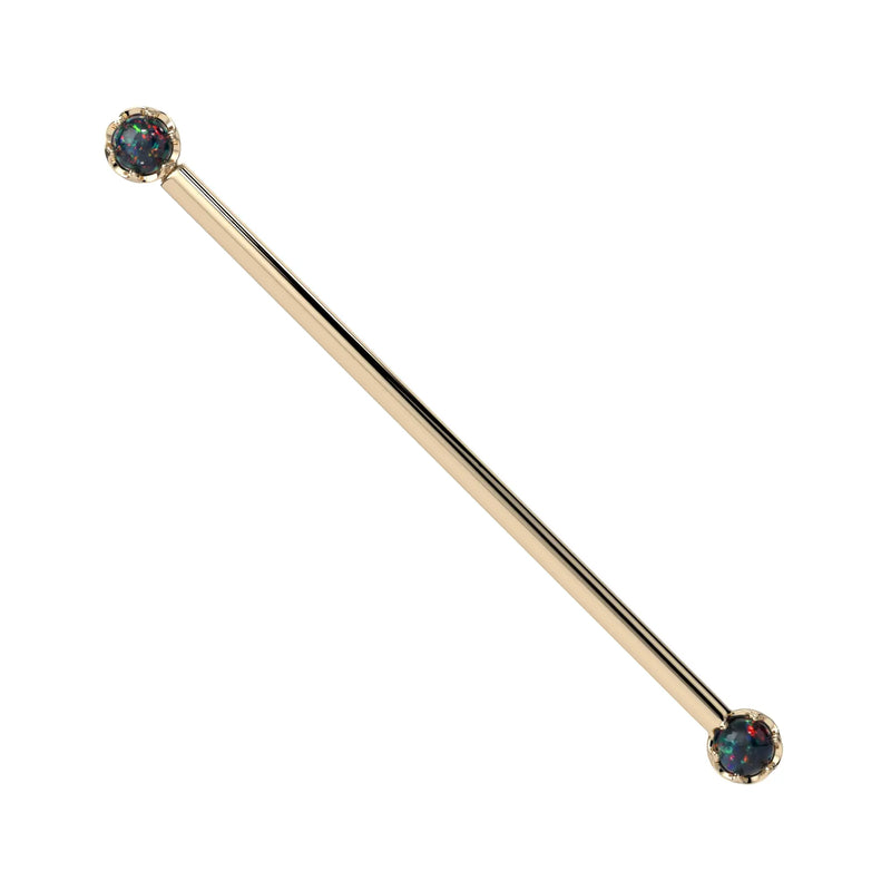 Reina Black Opal Industrial Barbell in 14K Yellow Gold with crown-set Black Opal - for ear industrial piercings