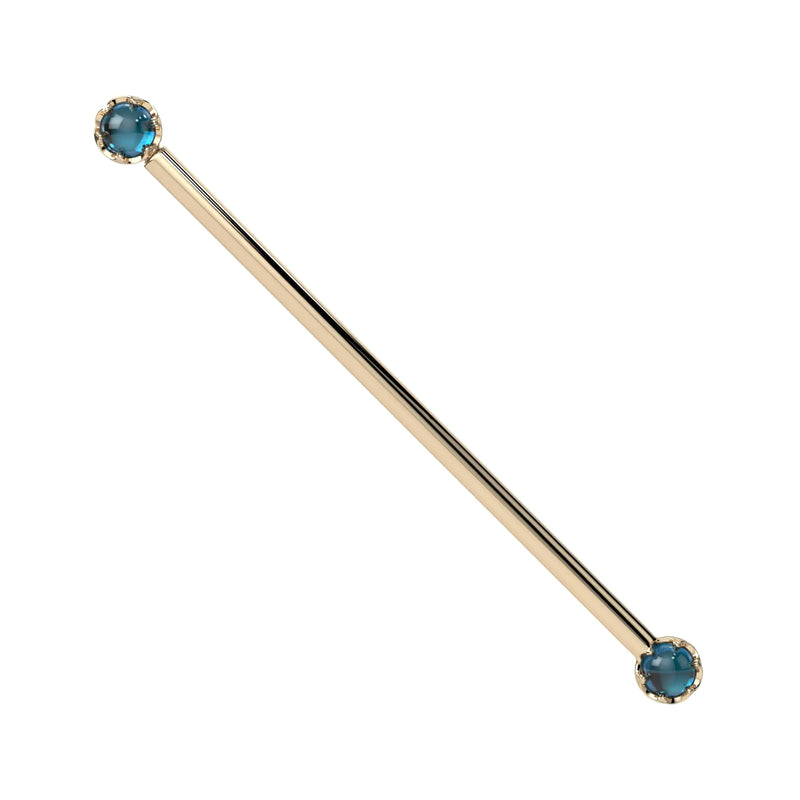 Reina London Blue Topaz Industrial Barbell in 14K Yellow Gold with crown-set London Blue Topaz - for ear industrial piercings