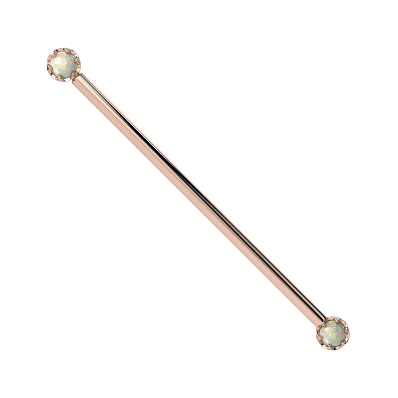 Reina Ethiopian Opal Industrial Barbell in 14K Rose Gold with crown-set Ethiopian Opal - for ear industrial piercings