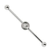 14k white gold industrial barbell with textured sunburst charm and CZ center stone, front view