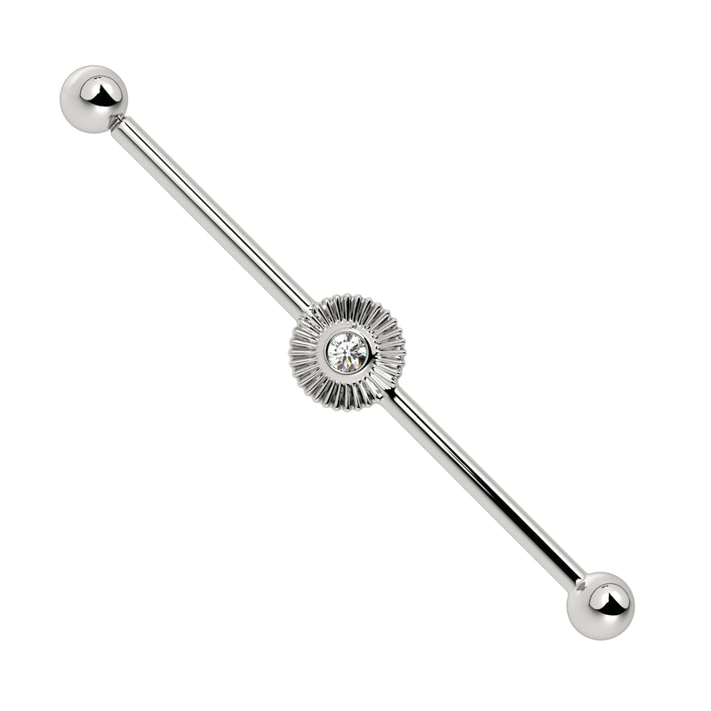 14k white gold industrial barbell with textured sunburst charm and CZ center stone, front view