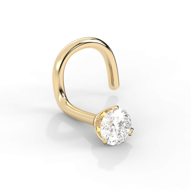 14k yellow gold 3-prong diamond nose ring twist style, low angle showing curved wire and prong detail