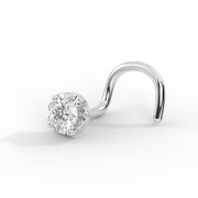 14k white gold illusion VS1 diamond twist nose ring, side profile highlighting scalloped setting and corkscrew shape