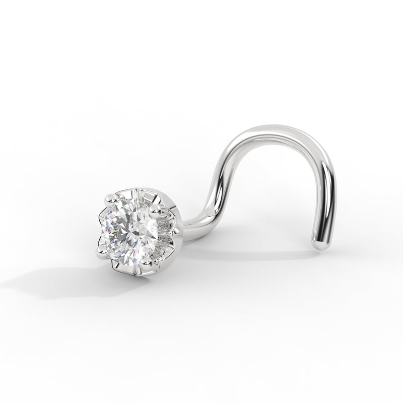 14k white gold illusion VS1 diamond twist nose ring, side profile highlighting scalloped setting and corkscrew shape