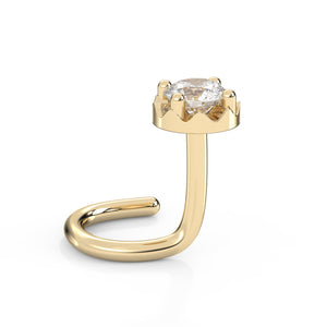 14k yellow gold illusion diamond nose stud with twist style, angled view showing crown-like illusion setting detail