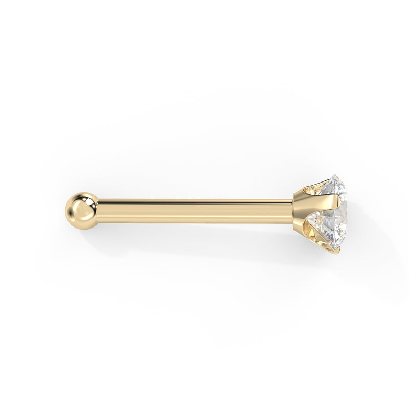 14k yellow gold VS1 diamond nose bone stud, side profile showing ball end and Lumina prong setting