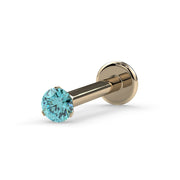 14k yellow gold 2mm aqua diamond flat back labret stud, angled front view on white background