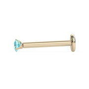 Side profile of 14k yellow gold 2mm aqua diamond flat back stud showing post length and flat disc