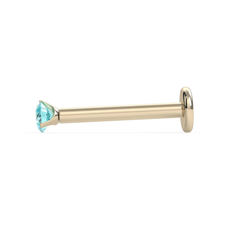 Side profile of 14k yellow gold 2mm aqua diamond flat back stud showing post length and flat disc