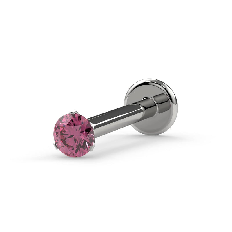 14k white gold 2mm pink diamond 3-prong flat back labret stud, angled view on white background