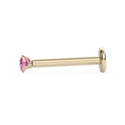 Side profile of 14k yellow gold pink diamond flat back labret showing full post length and flat disc