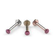 2mm pink diamond flat back labret in 14k white gold, yellow gold, and rose gold, all three metals side by side