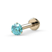 14k yellow gold 2.5mm aqua diamond labret stud, angled front view highlighting brilliant stone facets