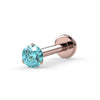 14k rose gold 2.5mm aqua diamond Lumina 3-prong flat back labret stud, angled front view