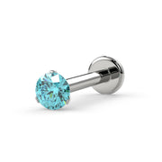 14k white gold 2.5mm aqua diamond Lumina 3-prong flat back labret stud, angled front view