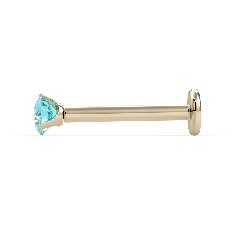 Side profile of 14k yellow gold 2.5mm aqua diamond labret showing post length and flat back disc
