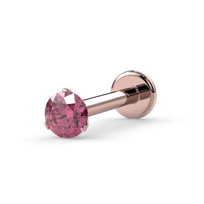 14k rose gold 2.5mm pink diamond flat back labret stud with 3-prong setting, angled product view