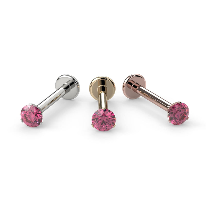Pink diamond 3-prong flat back labret stud in 14k white gold, yellow gold, and rose gold side by side