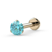 14k yellow gold 3mm aqua diamond 3-prong flat back stud, angled view on white background
