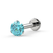 14k white gold 3mm aqua diamond 3-prong flat back cartilage stud, angled view on white background