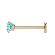 Side profile of 14k yellow gold 3mm aqua diamond flat back labret showing post length and flat disc