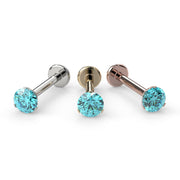 3mm aqua diamond flat back labret in 14k white gold, yellow gold, and rose gold side by side