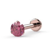 3mm pink diamond Lumina 3-prong flat back stud in 14k rose gold, angled view on white background
