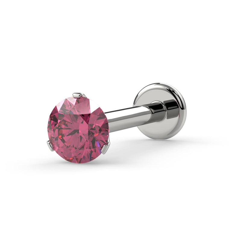 3mm pink diamond Lumina 3-prong labret stud in 14k white gold, angled view on white background