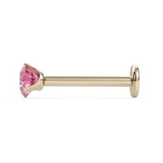 Side profile of 3mm pink diamond 14k yellow gold flat back labret showing post length and flat backing