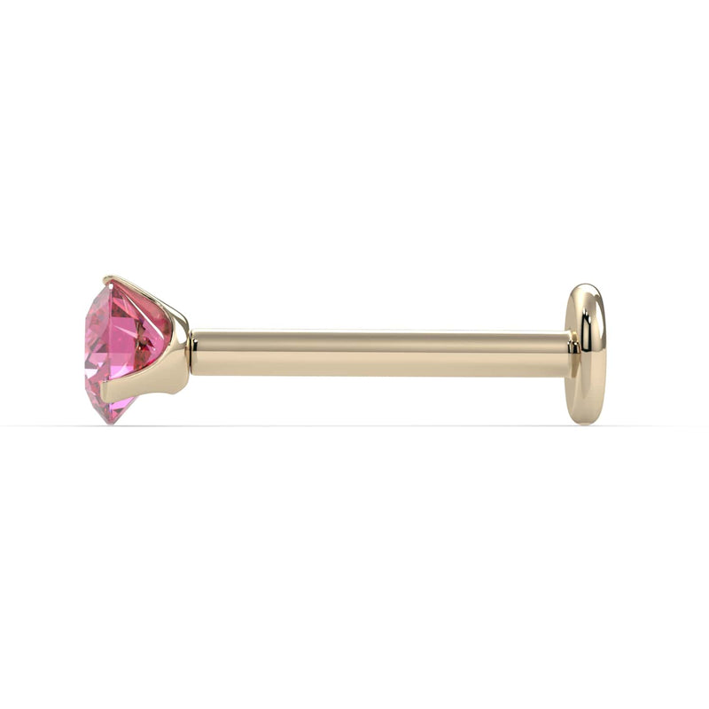 Side profile of 3mm pink diamond 14k yellow gold flat back labret showing post length and flat backing