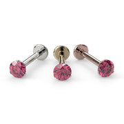 3mm pink diamond flat back labret in all three metal options: 14k white gold, yellow gold, and rose gold