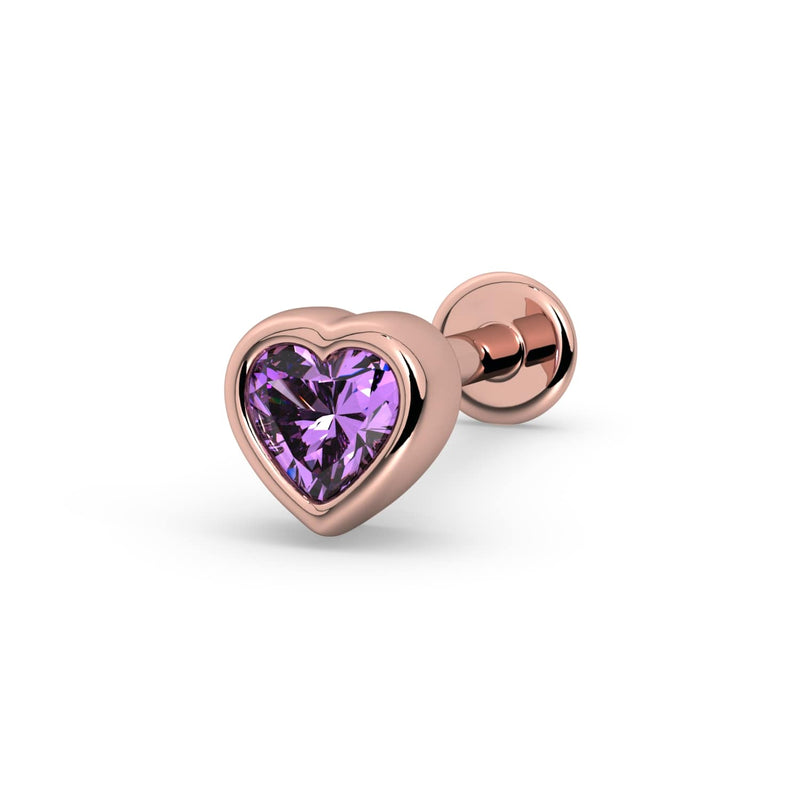 14k rose gold amethyst heart flat back stud with bezel-set purple stone and disc backing, angled view