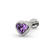 14k white gold amethyst heart flat back stud with bezel setting and round disc backing, angled view