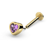 14k yellow gold amethyst heart flat back labret stud with post and flat disc backing separated
